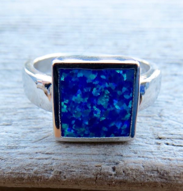 Blue Fire Opal Square Ring - Size N (7)