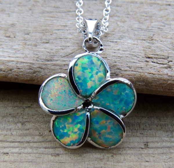 Sterling Silver Green Fire Opal Flower Necklace