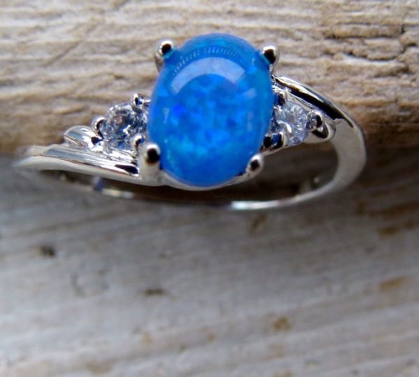 Blue Fire Opal And Crystal Modern Ring - Size N (7)