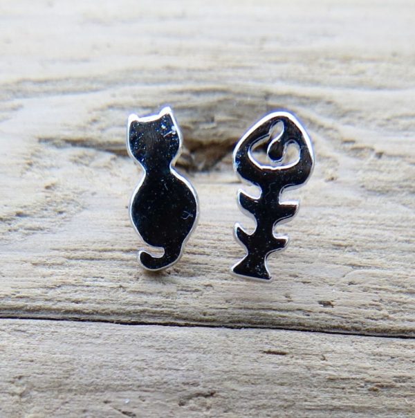 Cat and Fish Bone Stud Earrings