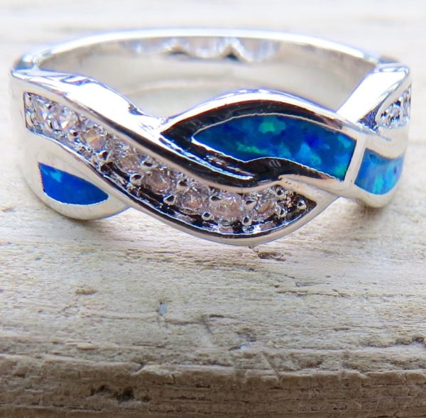 Blue Fire Opal and Crystal Braid Ring - Size P (8)