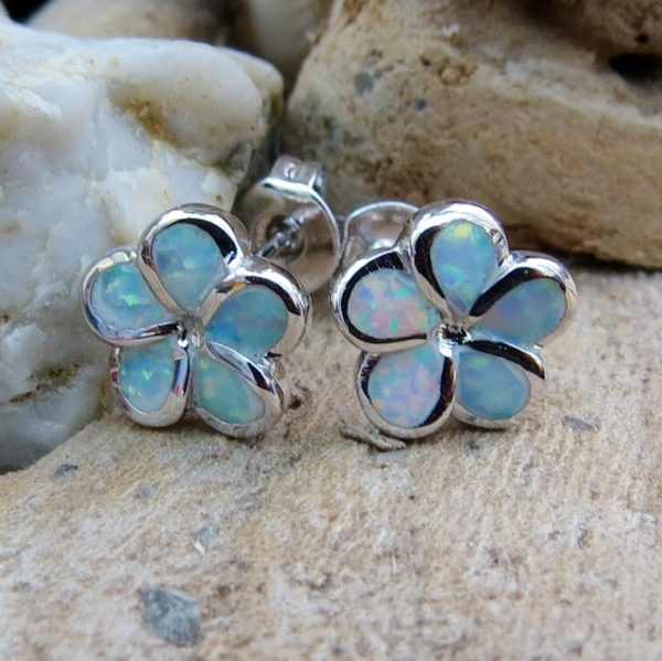 White Fire Opal Flower Stud Earrings