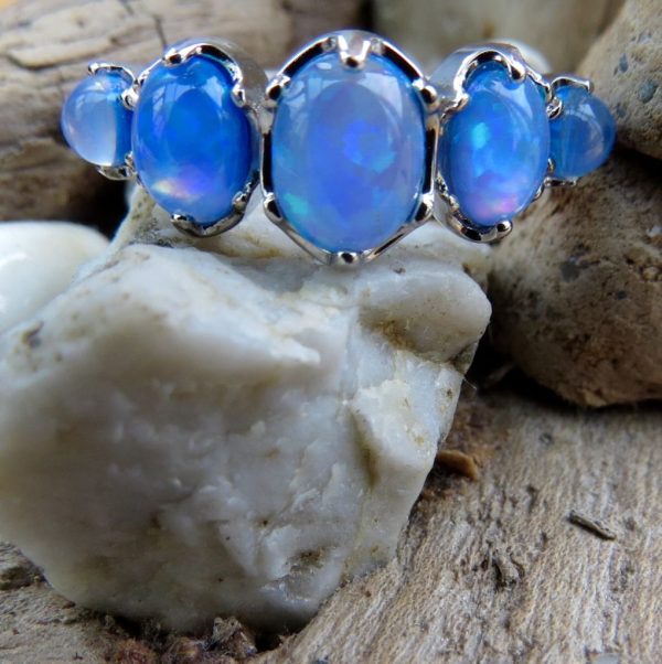 Blue Fire Opal Five Stone Ring - Size R (9)