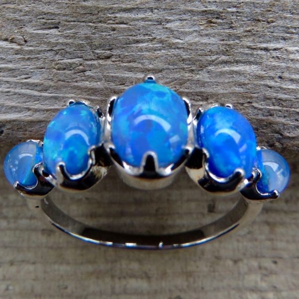 Blue Fire Opal Five Stone Ring - Size R (9) - Image 3