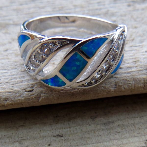 Blue Fire Opal and Crystal Wave Ring - Size R (7) - Image 3