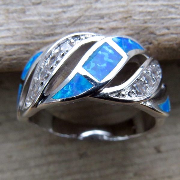 Blue Fire Opal and Crystal Wave Ring - Size R (7) - Image 4