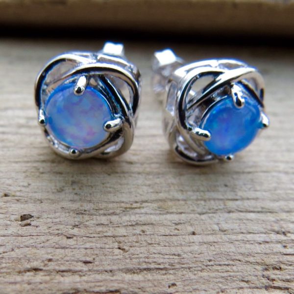 Sterling Silver Blue Fire Opal Silver Encased Stud Earrings - Image 2