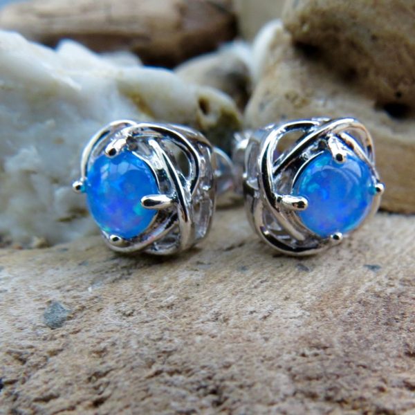 Sterling Silver Blue Fire Opal Silver Encased Stud Earrings