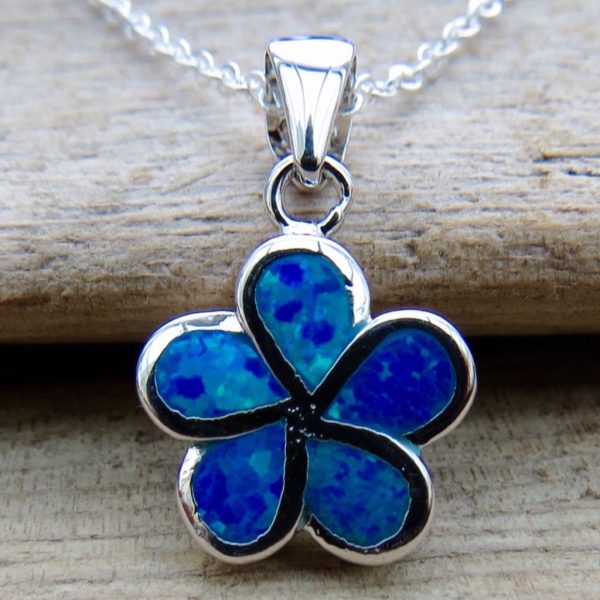 Sterling Silver Blue Fire Opal Flower Necklace