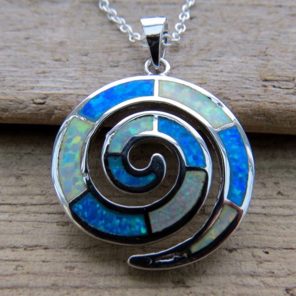 Sterling Silver Blue and White Fire Opal Swirl Necklace