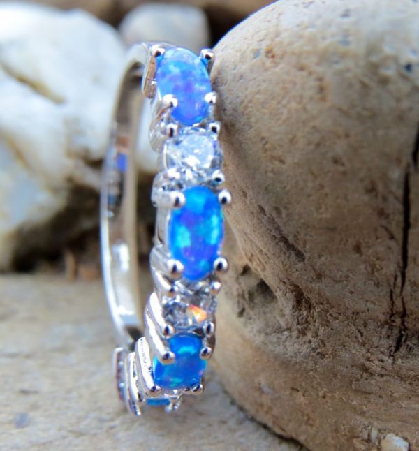 Blue Fire Opal and Crystal Dainty Band - Size N (7)