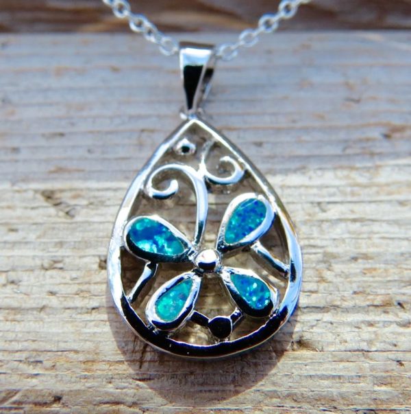 Blue Fire Opal Flower Necklace - Image 2